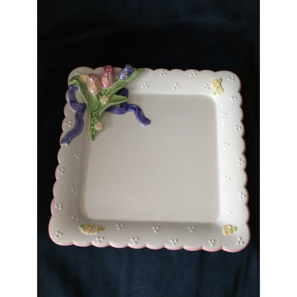 BELLA CASA By Ganz Decorative 3D Ceramic Tulips 8" Square Plate